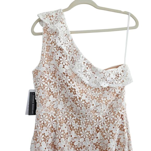 Donna Morgan White Floral Crochet Tan Lined One Shoulder Ruffle Mini Dress Sz 10 - Picture 7 of 13